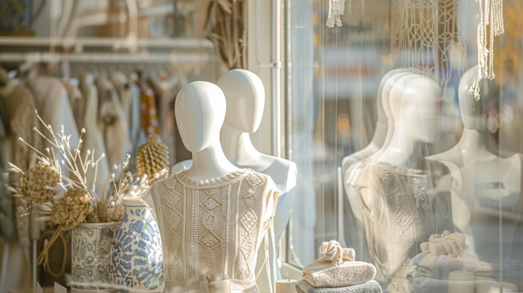 Vetrina dell'atelier con pezzi ricamati esposti